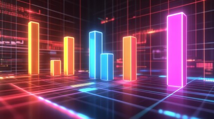 Poster - A dynamic D bar graph with glowing neon bars, showing data comparison in a high-tech setting with grid lines and axis markers.