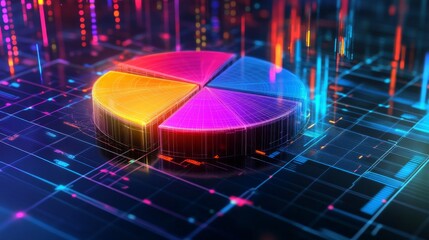 Poster - A dynamic D pie chart with glowing neon-colored slices, separated to emphasize individual data points, set against a digital grid background.
