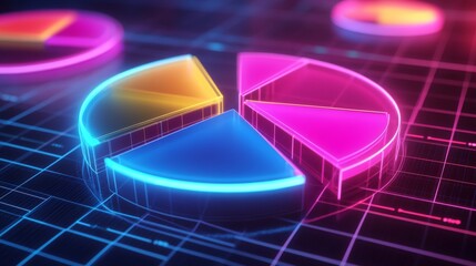 Poster - A dynamic D pie chart with glowing neon-colored slices, separated to emphasize individual data points, set against a digital grid background.