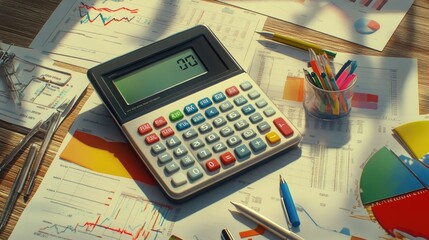 Poster - A financial calculator with business charts and data sheets spread around it.