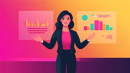 Poster - A dynamic image of a businesswoman confidently presenting financial projections to her colleagues, with charts and data visualizations displayed in the background.