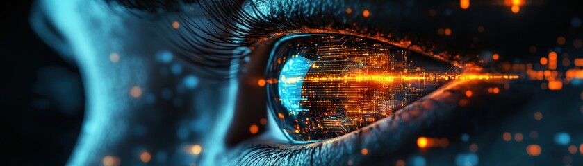 Poster - Close-up of a womans eye with a futuristic city skyline in the background during daytime