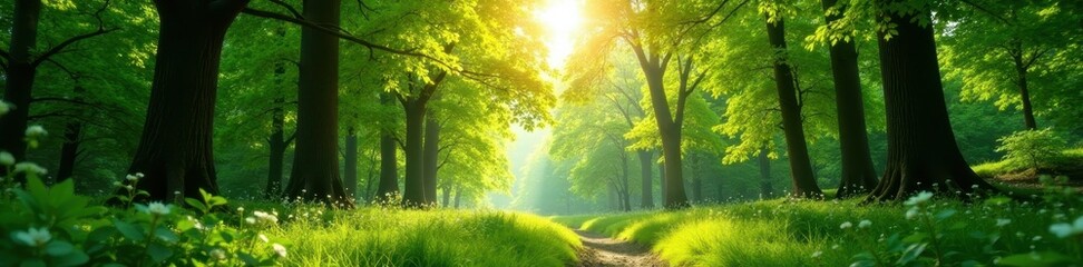 Wall Mural - Sun-dappled spring forest, vibrant green canopy, light, ecology