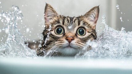 Poster - A dynamic photo of a cat splashing water playfully while trying to escape the bath, emphasizing the amusing antics of pets during their grooming sessions.