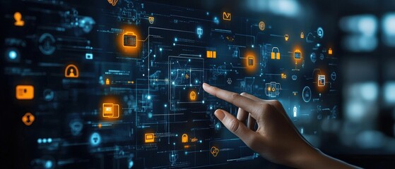 Poster - Hand interacting with touch screen display featuring digital user interface elements and icons