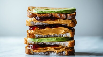 Aufkleber - A dynamic shot of a stack of toast with a variety of spreads, including avocado, peanut butter, and jam, set on a marble countertop, inviting a delightful brunch