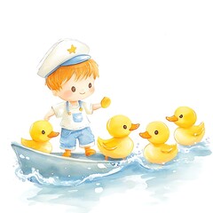 Canvas Print - Little Sailor and his Rubber Ducklings on a Boat