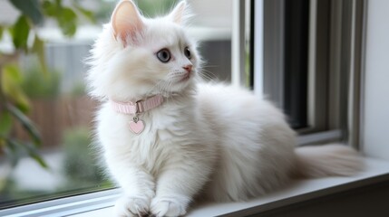 Poster - A fluffy white kitten wearing a pastel pink collar with a tiny heart charm, sitting on a windowsill and gazing outside with wide, innocent eyes.