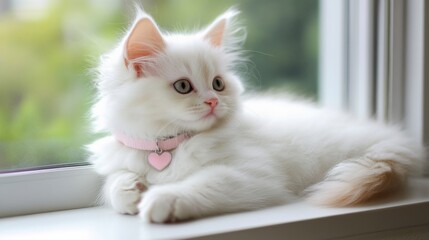 Poster - A fluffy white kitten wearing a pastel pink collar with a tiny heart charm, sitting on a windowsill and gazing outside with wide, innocent eyes.