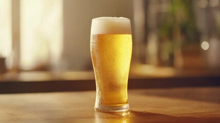 Poster - A frosty pint glass filled with golden beer, condensation glistening on the surface, placed on a rustic wooden table against a blurred background