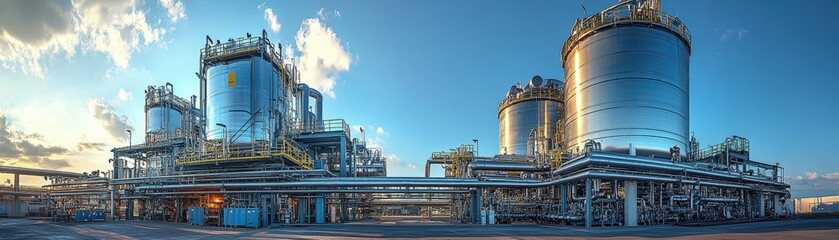 Poster - large industrial plant with smokestacks and machinery against a clear sky in a manufacturing area