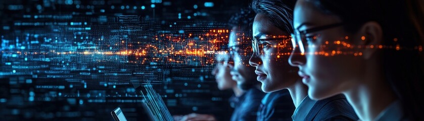 Poster - Two individuals collaborating while viewing content on a laptop screen in a modern workspace environment