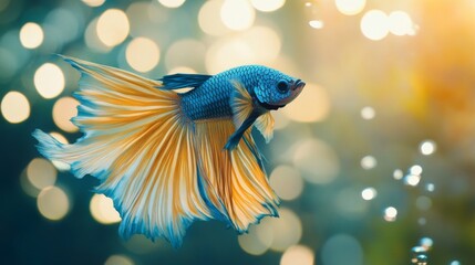 Aufkleber - A gold and blue Siamese fighting fish swimming in a well-lit aquarium with bubbles rising, capturing the movement and elegance of the species