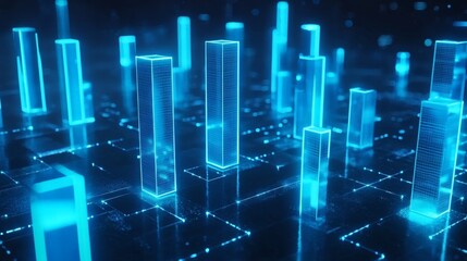 Leinwandbilder - A high-tech D bar graph with glowing blue bars and digital numbers floating around them, symbolizing complex financial data and analysis.