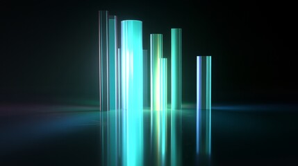 Aufkleber - A high-tech D bar graph with glowing neon bars in shades of blue and green, on a reflective surface, creating a modern, futuristic data look