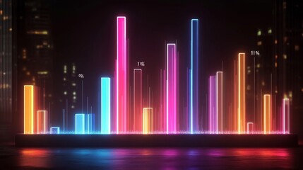Fototapete - A high-tech bar chart featuring glowing neon bars, representing financial trends, set against a dark backdrop with floating data labels and percentage points.