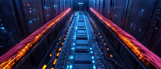 Poster - large server room filled with multiple server racks and equipment for data processing and storage