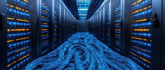 Poster - Large server room filled with numerous racks of computer servers and networking equipment