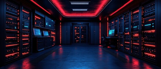 Poster - Server room filled with multiple servers and red indicator lights on the equipment