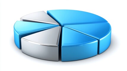 Leinwandbilder - A metallic-style financial pie chart with blue and silver segments, displayed on a white background with sharp edges and shadows