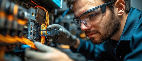 Poster - Man focused on computer screen while working in a modern office environment during the day