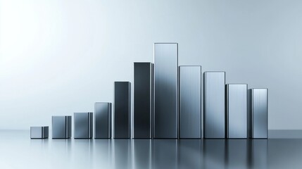 Aufkleber - A minimalist D bar graph with metallic bars in gray tones, set on a white reflective surface with clean lines and soft shadows for a professional style