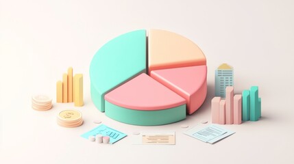 Leinwandbilder - A minimalist financial pie chart with pastel-colored slices, displaying income distribution, with financial icons and subtle shadows on a light background.
