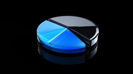 Leinwandbilder - A minimalist pie chart with metallic segments in blue tones, on a reflective black background, with a subtle light effect to add depth