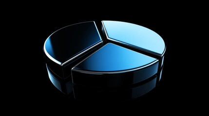 Aufkleber - A minimalist pie chart with metallic segments in blue tones, on a reflective black background, with a subtle light effect to add depth