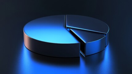 Aufkleber - A minimalist pie chart with metallic segments in blue tones, on a reflective black background, with a subtle light effect to add depth
