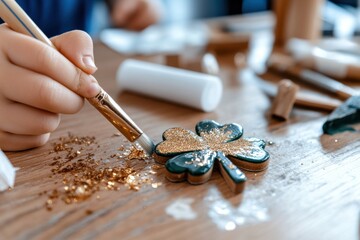 Wall Mural - A close-up of hands skillfully painting a glittery shamrock charm, reflecting the joy of craftsmanship, creativity, and the celebration of art in a cozy, inspiring environment.