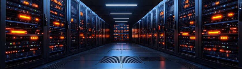 Poster - Long row of servers in a data center with cooling systems and network cables visible