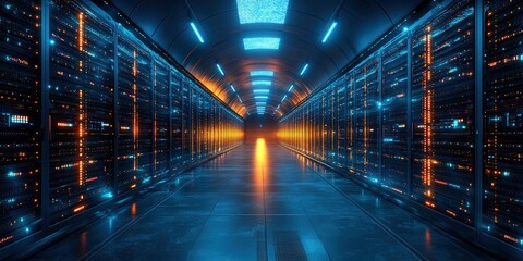 Poster - Long hallway filled with rows of servers in a data center environment for technology and computing