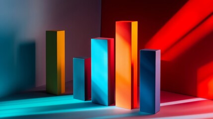 Fototapete - A multi-colored D bar chart on a gradient background, with bars in bright red, blue, and green, casting clear shadows for added dimension