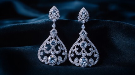 Poster - A pair of elegant chandelier diamond earrings showcased on a dark velvet cloth, with soft lighting creating dramatic shadows that enhance their beauty