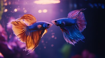 Poster - A pair of Siamese fighting fish facing each other with fins fully spread, captured in a moment of tension and beauty, with a blurred aquarium background
