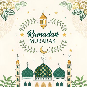 Ramadan mubarak with illustration of mosque white color greeting  month  moon  arabic  