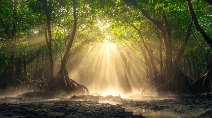 Poster - A peaceful scene of a mangrove forest during the early morning, with mist rising from the water and sunlight breaking through the tree canopy
