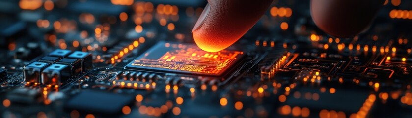 Poster - Finger touching a microprocessor chip in a close up view on a technology background