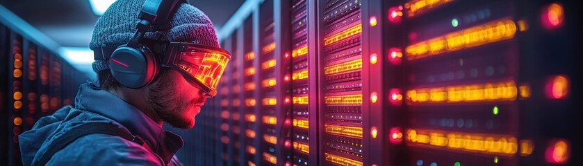 Poster - Man wearing headphones and headset in front of computer server in data center environment