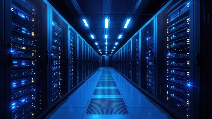 Poster - Long row of server racks in a data center with cables and blinking lights in a technology environment
