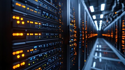 Poster - server room filled with multiple servers and illuminated lights creating a technology environment