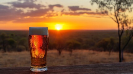 Poster - A picturesque view of a chilled beer glass with a sunset in the background, reflecting warm hues and creating a relaxing outdoor atmosphere