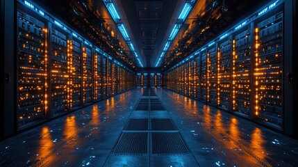Poster - long row of server racks in a data center with illuminated lights and organized cables