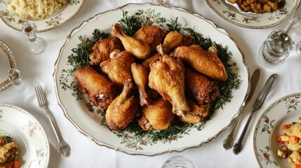 Wall Mural - A plate of assorted fried chicken pieces, including wings, thighs, and drumsticks, artfully arranged on a white tablecloth, creating a delightful feast appearance