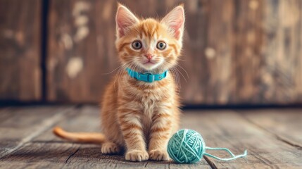 Poster - A playful ginger kitten wearing a bright blue collar, sitting on a wooden floor, with a ball of yarn tangled around its paws, looking mischievous and cute.