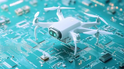 Poster - A robotic drone chip and motor assembly showcased on a vibrant teal backdrop.