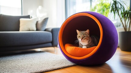 Poster - A plush, colorful cat bed shaped like a cave, placed in a cozy corner of a living room, inviting cats to snuggle and relax