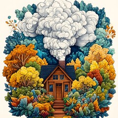 Wall Mural - A charming crayon drawing of a cozy home with smoke rising from the chimney, evoking warmth, comfort, and simplicity.