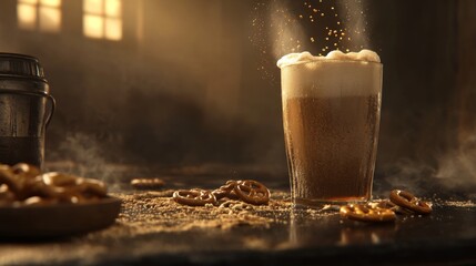 Poster - A refreshing lager poured into a glass, with bubbles rising to the top, surrounded by pretzels and nuts on a dark slate surface